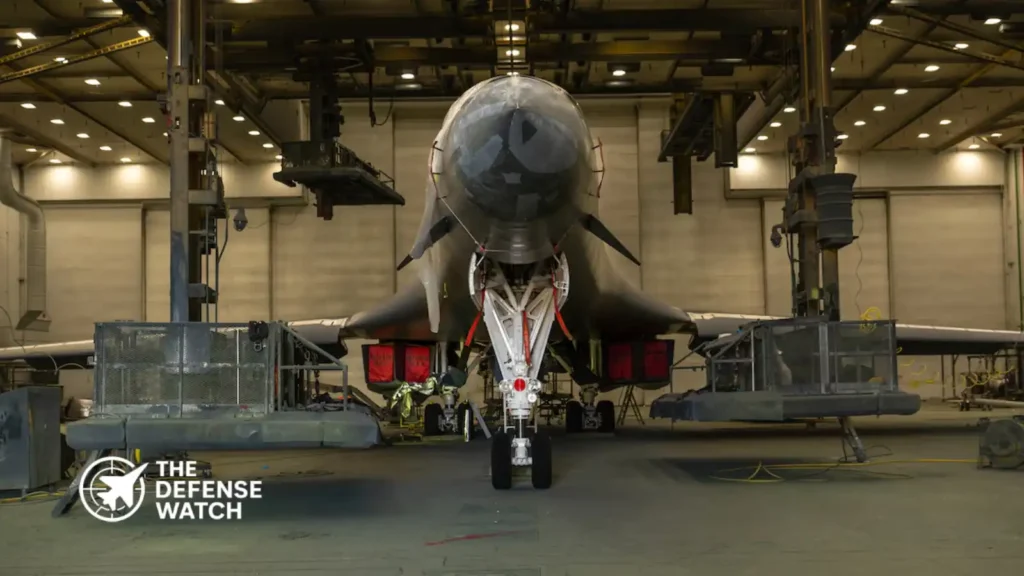 U.S. Air Force maintainers inspect and restore a B-1B Lancer bomber during depot maintenance operations at Tinker Air Force Base.