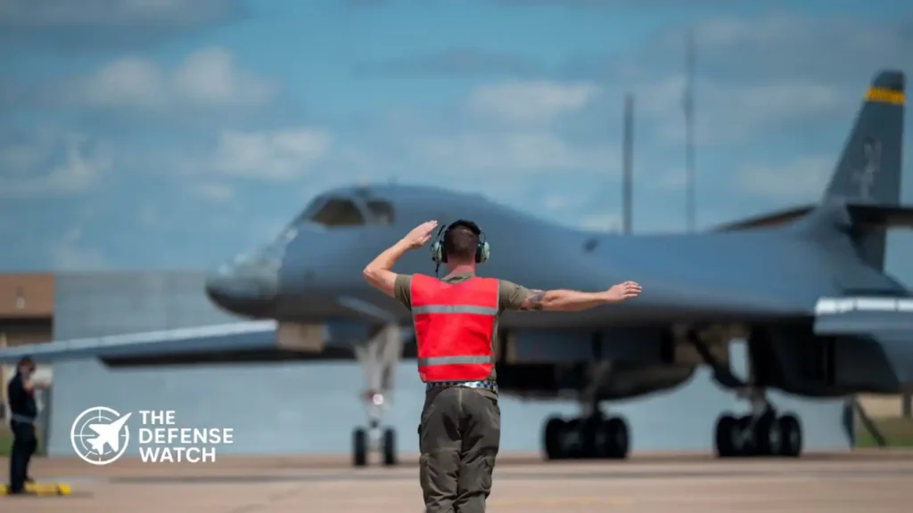 U.S. Air Force maintainers inspect and restore a B-1B Lancer bomber during depot maintenance operations at Tinker Air Force Base.