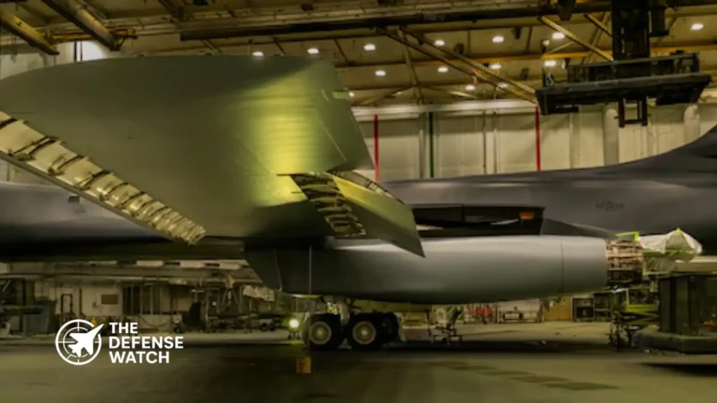 U.S. Air Force maintainers inspect and restore a B-1B Lancer bomber during depot maintenance operations at Tinker Air Force Base.