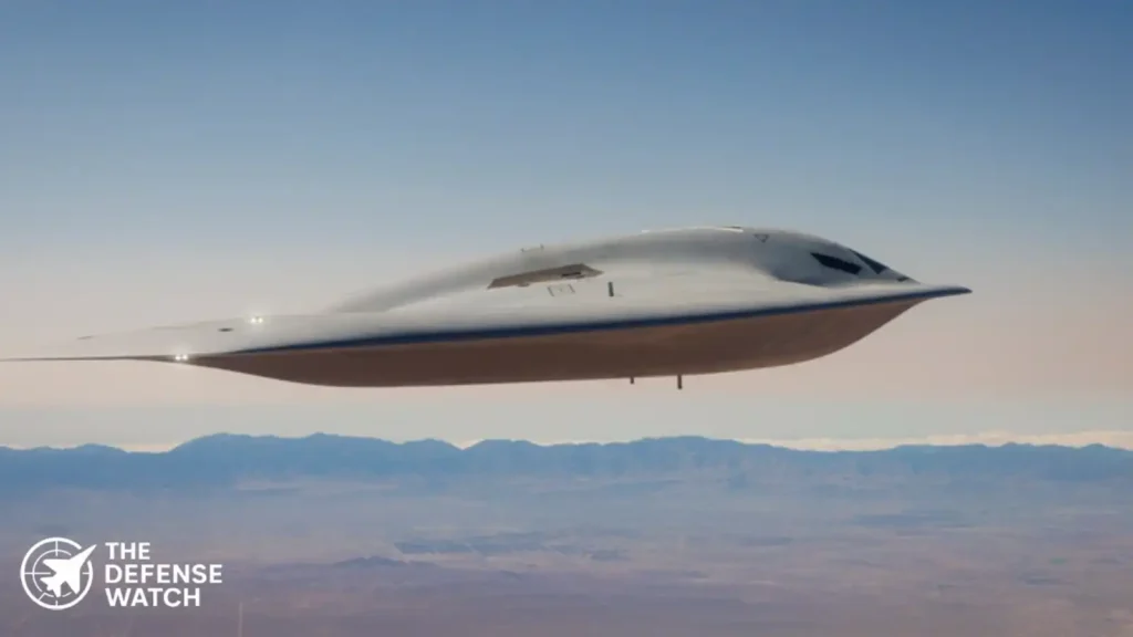 The Northrop Grumman B-21 Raider stealth bomber during a flight test maneuver.