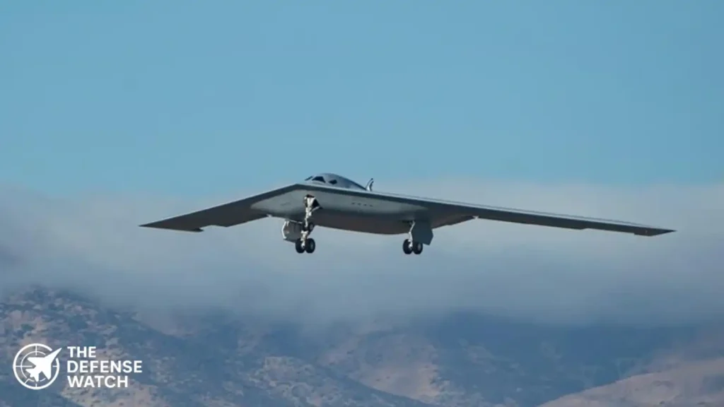 The Northrop Grumman B-21 Raider stealth bomber during a flight test maneuver.
