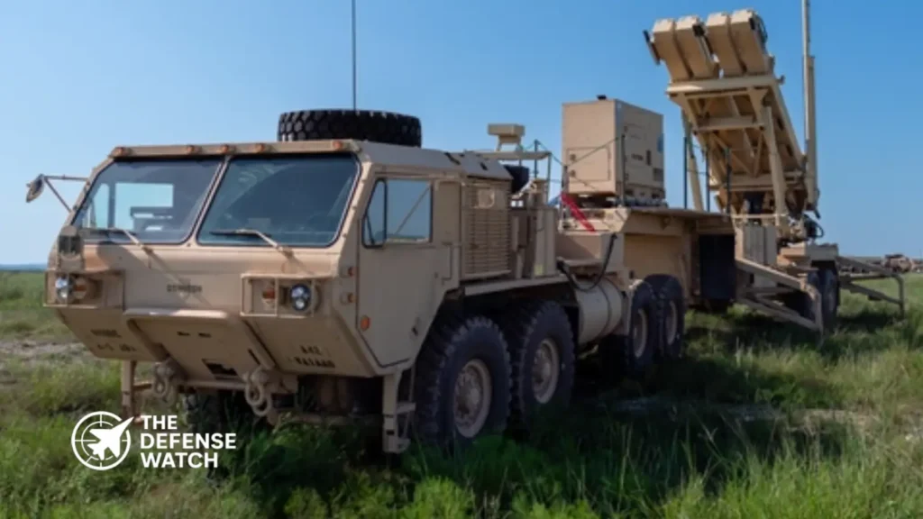 U.S. Patriot air defense system launching interceptor missile during live-fire exercise