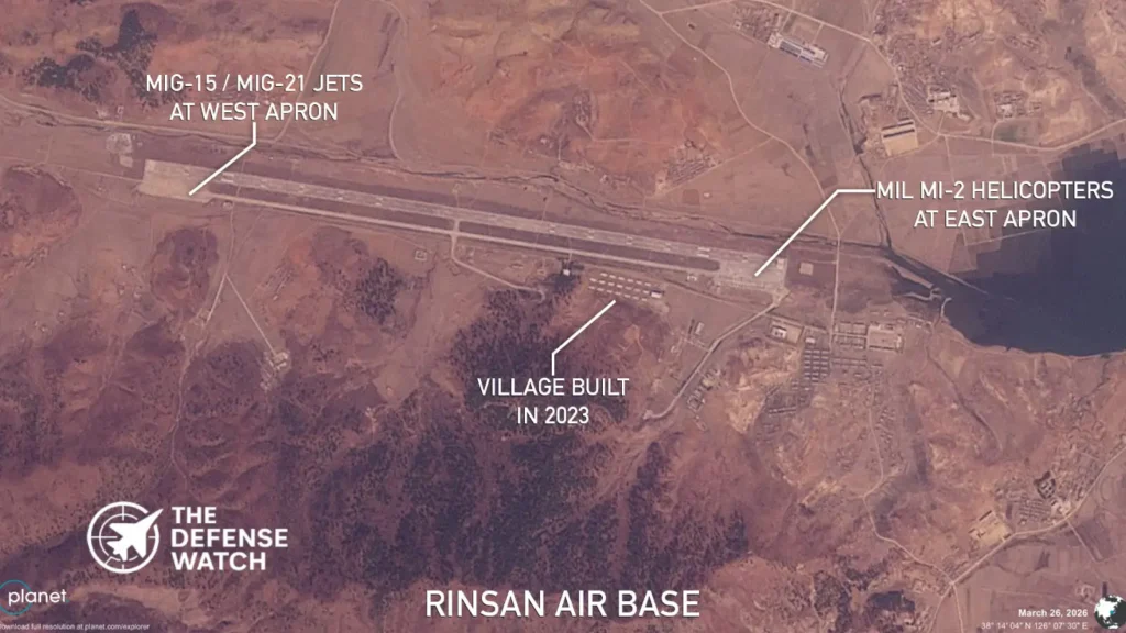 Satellite view of demolition and construction activity at North Korea's Rinsan air base in North Hwanghae Province, May 2026.