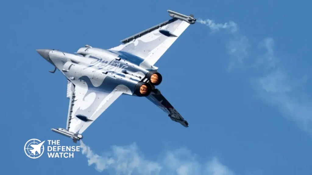 IAF Rafale and HAL Tejas Mk1A fighter jets in formation flight, showing both aircraft's underwing weapons loadout and Indian Air Force roundels.