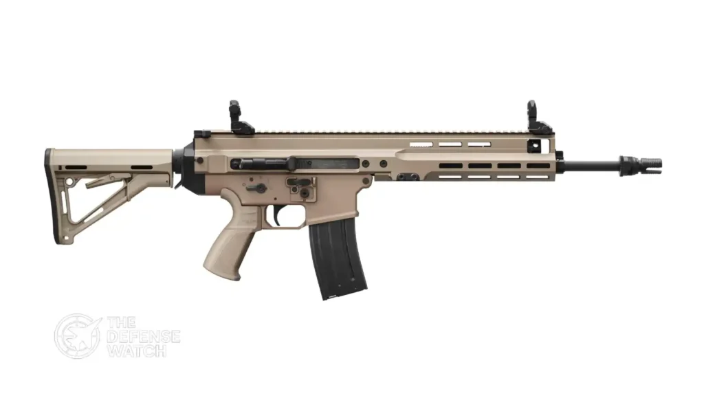 FN ARKA 5.56mm assault rifle displayed during a defense exhibition, highlighting its modern infantry weapon design and SCAR-derived architecture.