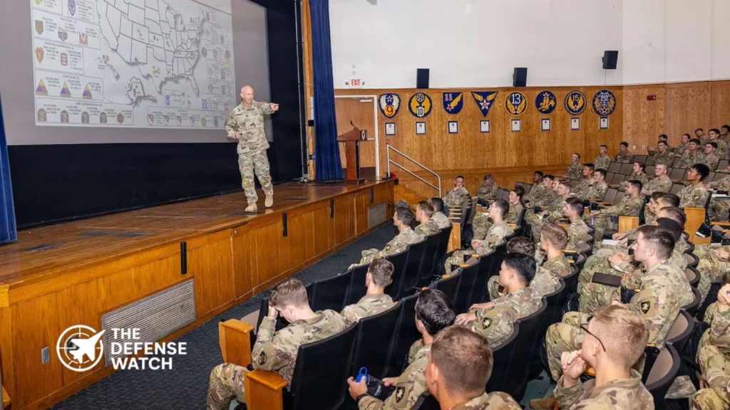 West Point cadets examine U.S. Army equipment and branch displays during Branch Week at the U.S. Military Academy in New York.