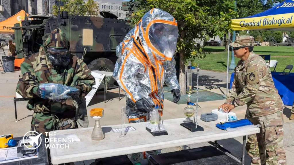 West Point cadets examine U.S. Army equipment and branch displays during Branch Week at the U.S. Military Academy in New York.