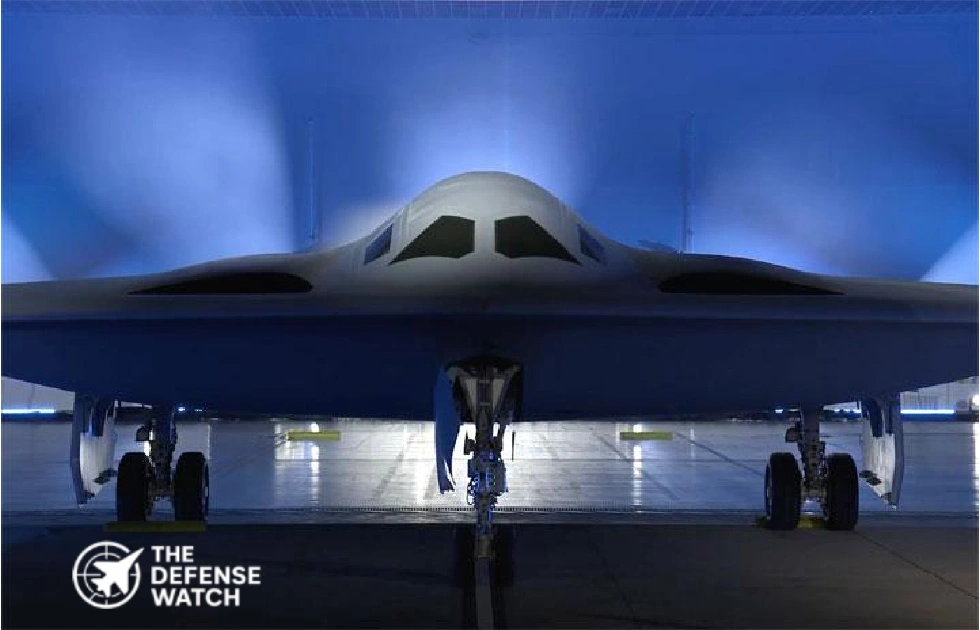 B-21 Raider front view profile under blue spotlighting