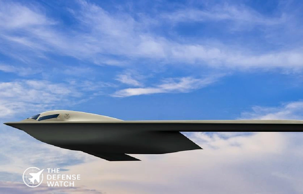 B-21 Raider stealth bomber side profile view flying in sky