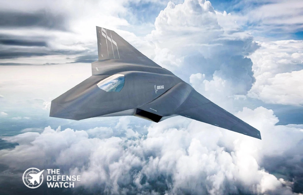 Boeing F-47 rendering flying above clouds
