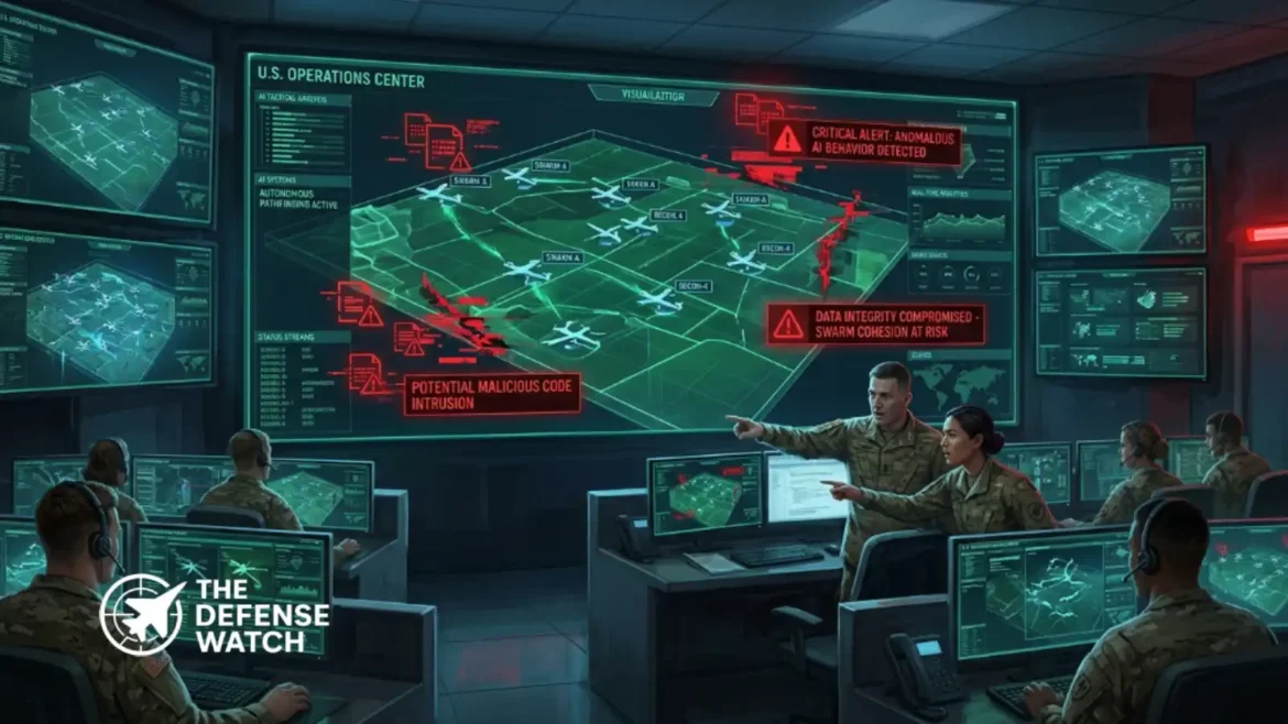 U.S. military AI systems displayed in a command center highlighting cybersecurity and sleeper agent risks