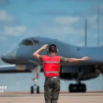 U.S. Air Force maintainers inspect and restore a B-1B Lancer bomber during depot maintenance operations at Tinker Air Force Base.