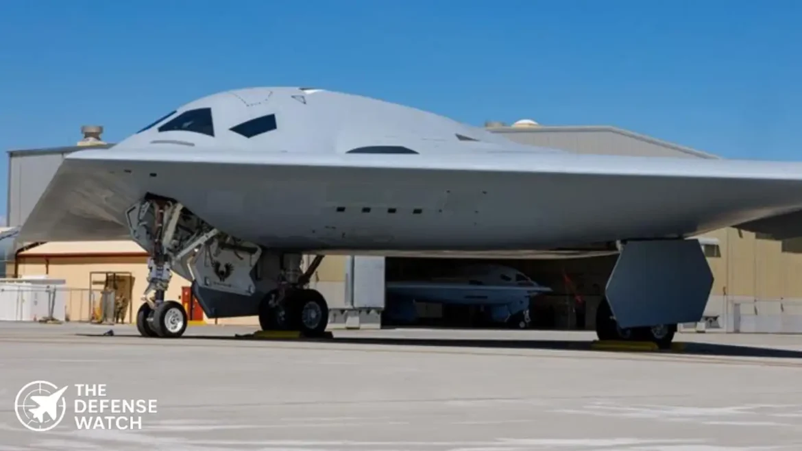 The Northrop Grumman B-21 Raider stealth bomber during a flight test maneuver.