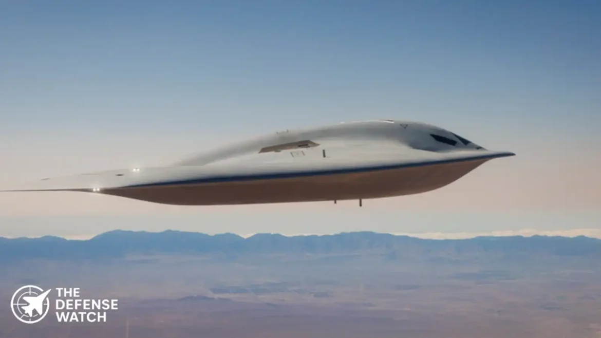 The Northrop Grumman B-21 Raider stealth bomber during a flight test maneuver.