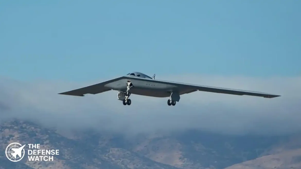 The Northrop Grumman B-21 Raider stealth bomber during a flight test maneuver.