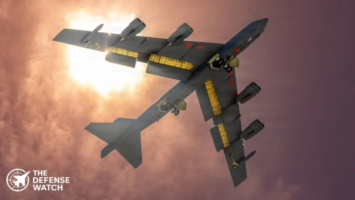 U.S. Air Force B-52 bomber flying with upgraded engines under modernization program