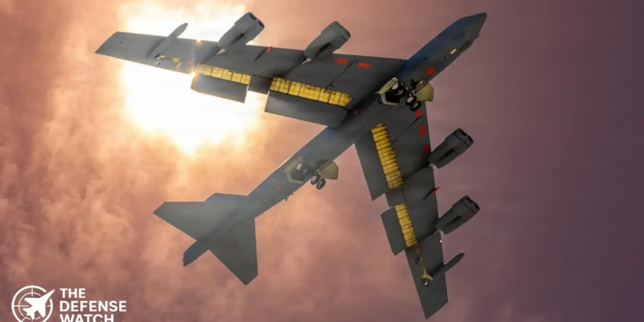 U.S. Air Force B-52 bomber flying with upgraded engines under modernization program