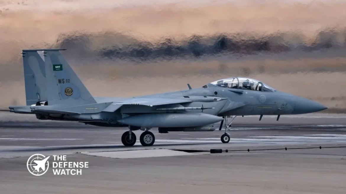 Royal Saudi Air Force F-15SA aircraft at air base with training and support infrastructure