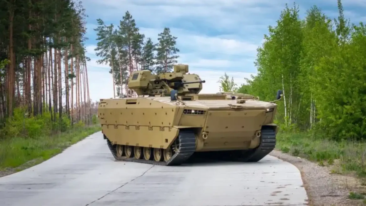 Export version of Poland’s Borsuk infantry fighting vehicle equipped with Turra 30 turret displayed at IDEB 2026 defense exhibition.