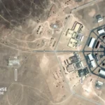 Satellite view of Chinese nuclear missile silo complex with launch pads and support infrastructure in western China.