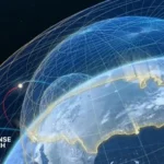 Rendering of a layered U.S. Golden Dome missile defense architecture with interceptors, satellites, and radar systems tracking incoming threats.