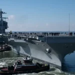 Aircraft carrier John F. Kennedy (CVN 79) underway during builder's sea trials in the Atlantic Ocean, February 2026. (HII / Newport News Shipbuilding)