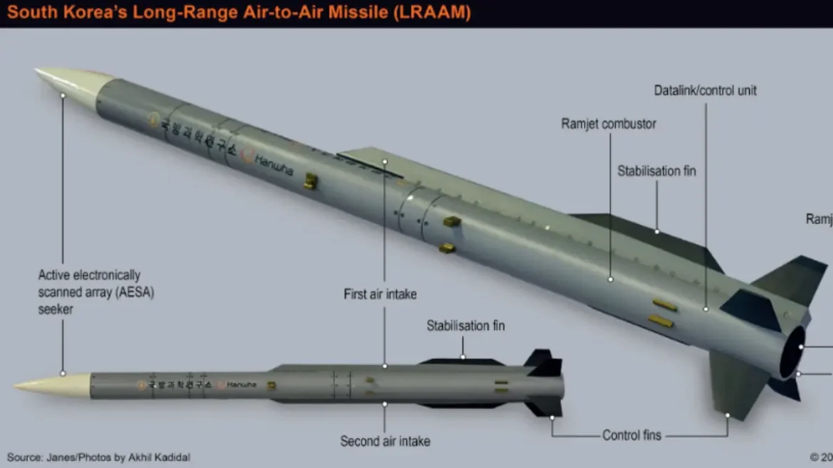 Concept model of South Korea’s long-range air-to-air missile displayed by Hanwha Aerospace during defense exhibition