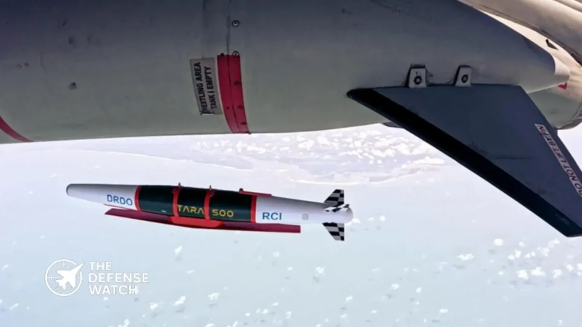 Indian Air Force Jaguar aircraft releasing the indigenous TARA glide bomb during a DRDO flight trial off the Odisha coast