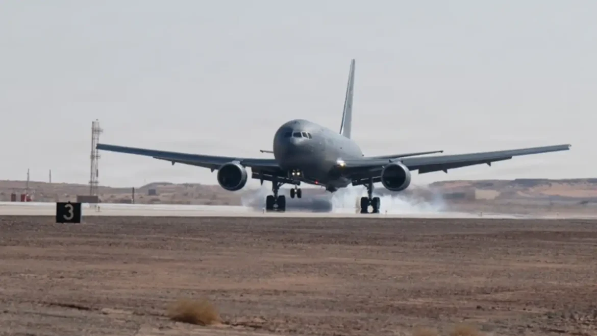 U.S. Air Force KC-46A Pegasus aerial refueling tanker flying during operational mission readiness exercise