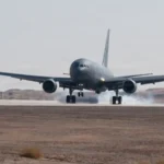 U.S. Air Force KC-46A Pegasus aerial refueling tanker flying during operational mission readiness exercise