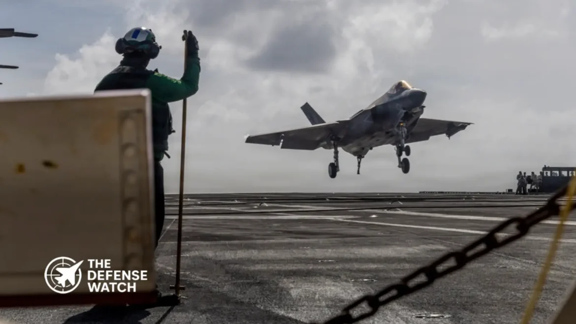 F-35C fighter jet undergoing carrier suitability testing with advanced flight instrumentation systems installed