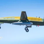 Boeing MQ-25A Stingray unmanned aerial refueling aircraft in flight during its first test sortie from MidAmerica Airport in Illinois, April 2026.