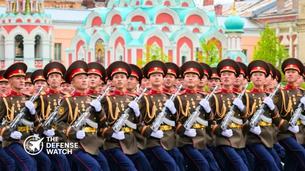 North Korean soldiers marching during Russia’s Victory Day military parade in Moscow alongside Russian armed forces personnel.