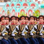 North Korean soldiers marching during Russia’s Victory Day military parade in Moscow alongside Russian armed forces personnel.