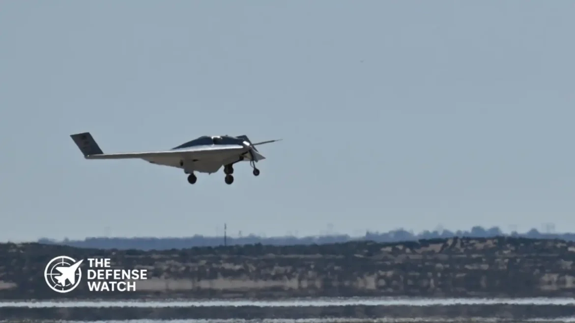 Northrop Grumman XRQ-73 SHEPARD hybrid electric uncrewed aircraft on runway at Edwards Air Force Base.