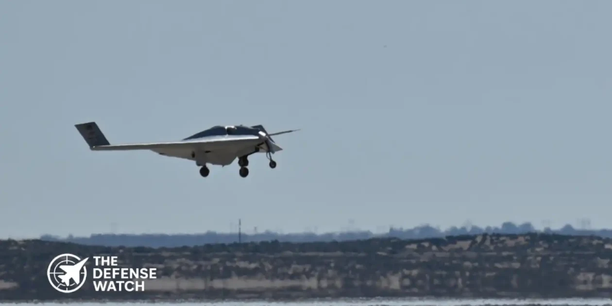 Northrop Grumman XRQ-73 SHEPARD hybrid electric uncrewed aircraft on runway at Edwards Air Force Base.