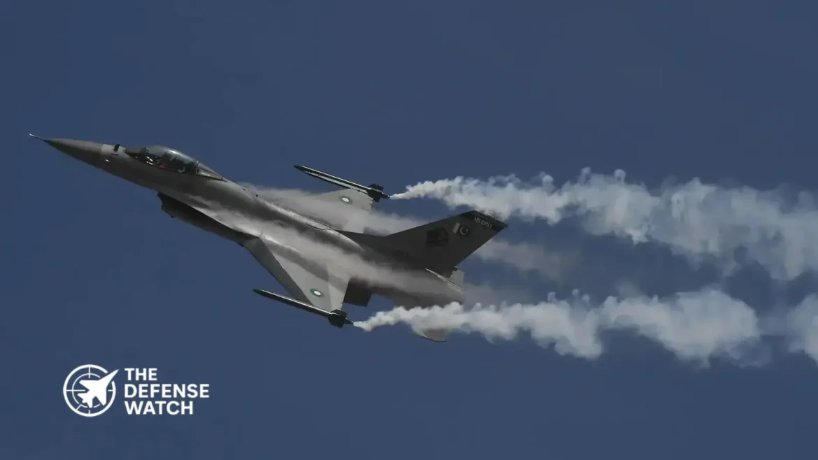 Pakistan Air Force F-16 fighter jet equipped with advanced avionics performing a high-G maneuver.