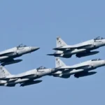 Pakistan Air Force JF-17 Thunder fighter jets flying during a military exercise as Pakistan deploys aircraft to Saudi Arabia amid the Iran conflict.
