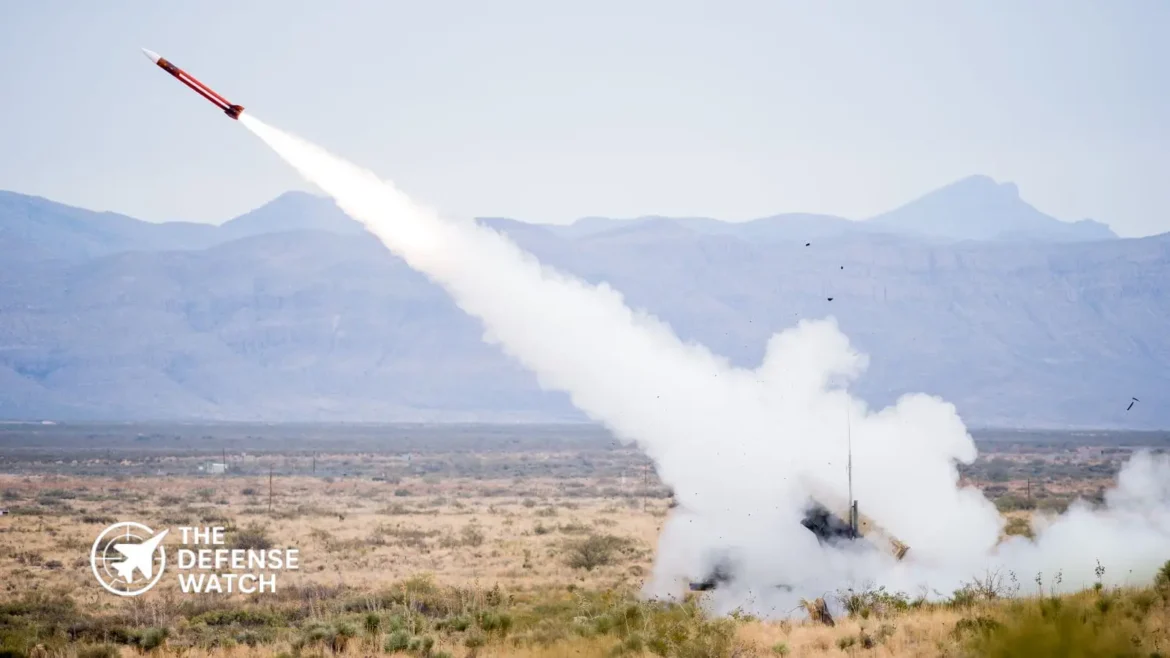 U.S. Patriot air defense system launching interceptor missile during live-fire exercise