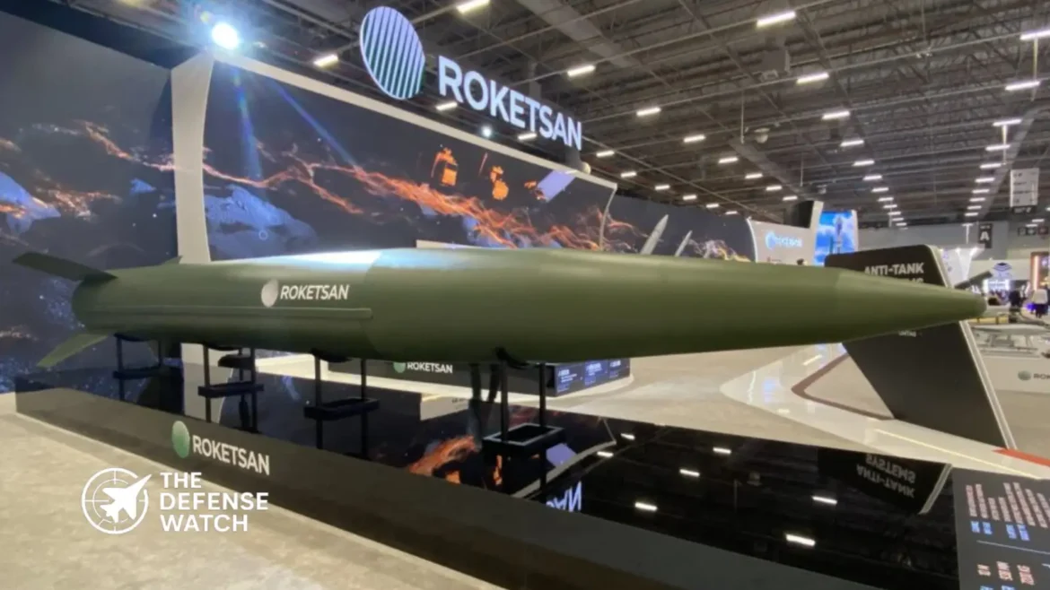 ROKETSAN TAYFUN Block 4 ballistic missile on its mobile launcher at SAHA 2026 exhibition.
