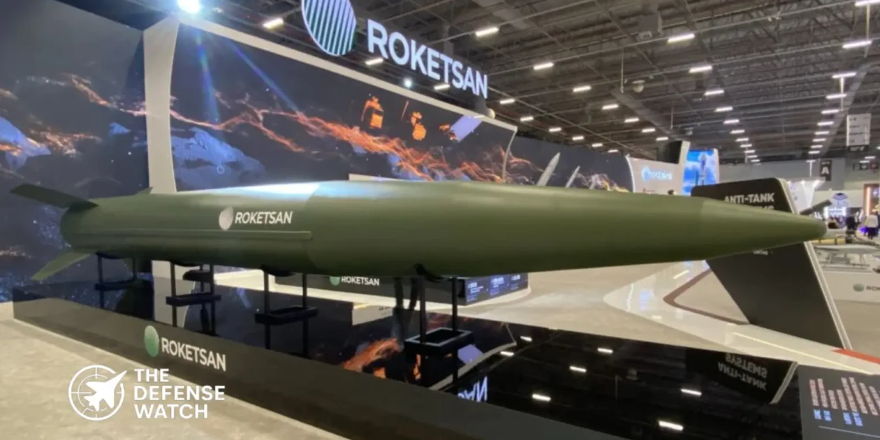 ROKETSAN TAYFUN Block 4 ballistic missile on its mobile launcher at SAHA 2026 exhibition.