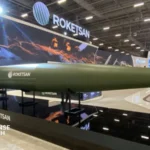 ROKETSAN TAYFUN Block 4 ballistic missile on its mobile launcher at SAHA 2026 exhibition.