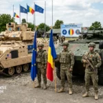 Romanian and European Union flags displayed during discussions on joint military procurement and SAFE defense financing initiative
