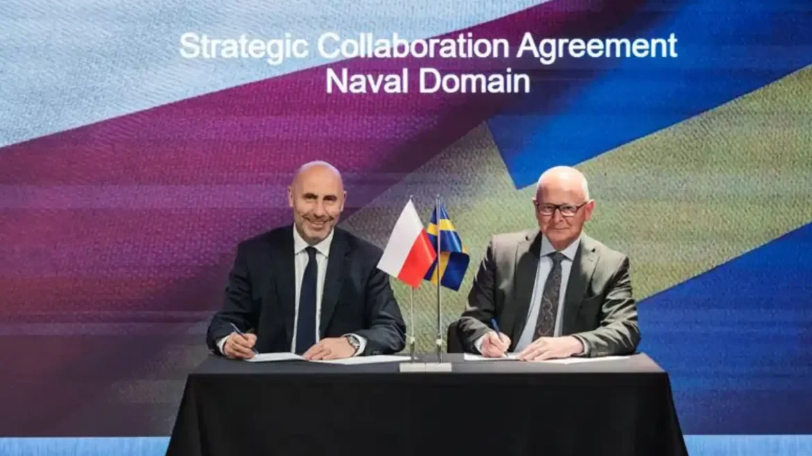 Saab and PGZ representatives signing naval cooperation agreement focused on submarines and underwater defense systems in Europe