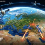 Illustration showing a constellation of U.S. military surveillance satellites in low Earth orbit monitoring aircraft and airborne threats across multiple regions.