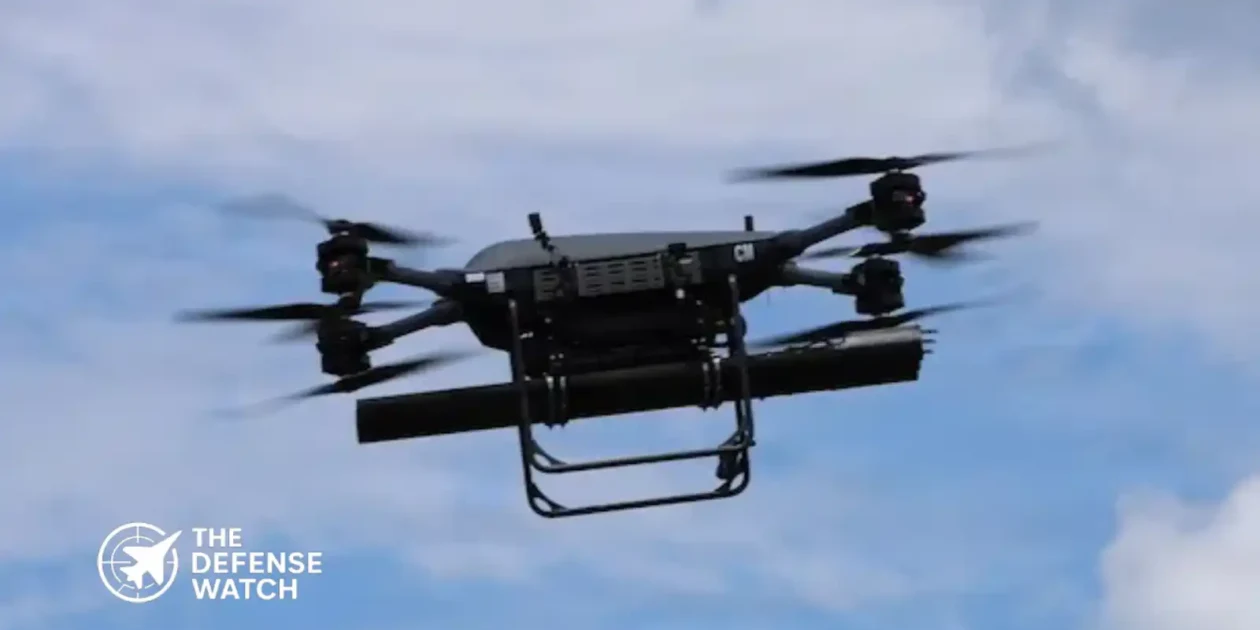 A TRV-150 tactical resupply drone hovering during a live-fire test while launching a 70 mm APKWS rocket at Fort Rucker, Alabama.