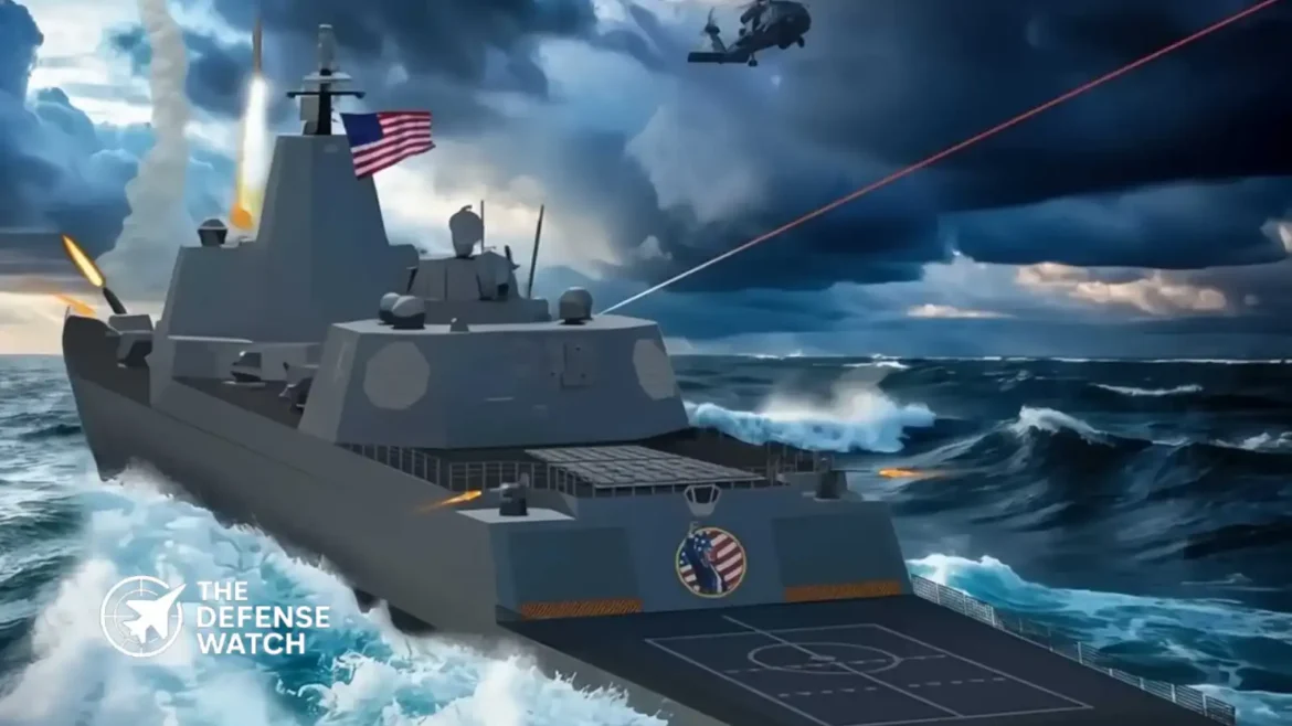 Concept artwork of a future US Navy Trump-class nuclear-powered battleship operating in the Pacific Ocean.