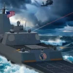 Concept artwork of a future US Navy Trump-class nuclear-powered battleship operating in the Pacific Ocean.