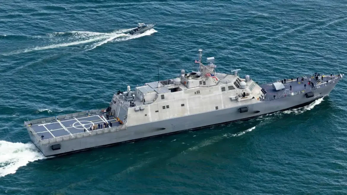 USS Cleveland Freedom-class Littoral Combat Ship underway during U.S. Navy sea trials ahead of final delivery