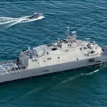 USS Cleveland Freedom-class Littoral Combat Ship underway during U.S. Navy sea trials ahead of final delivery